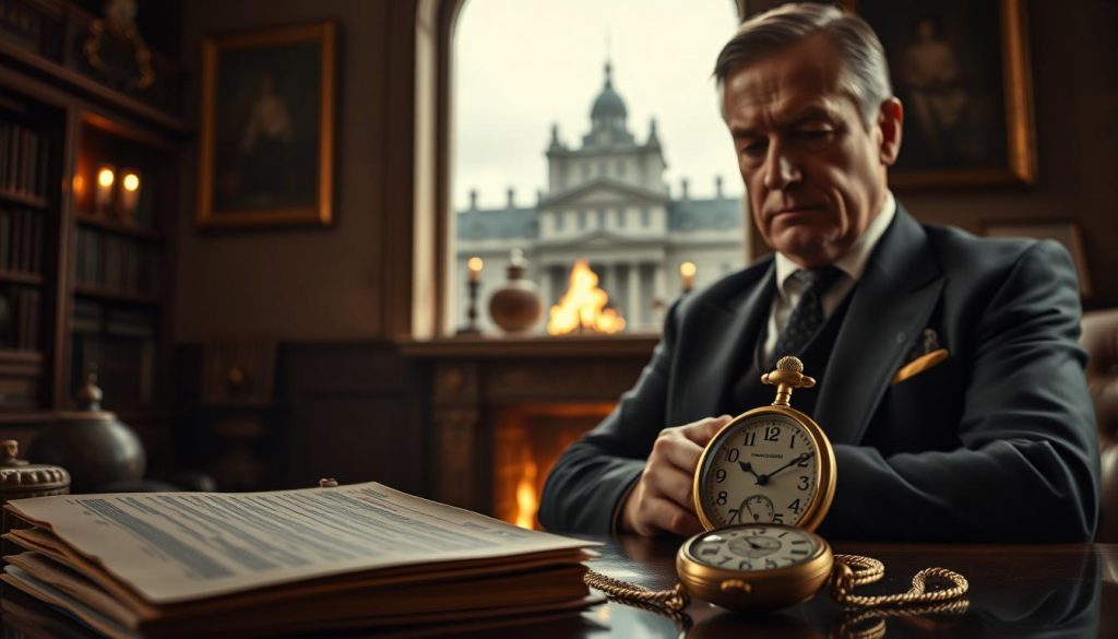 An elegant family business, its legacy threatened by the looming shadow of inheritance tax. In the foreground, a weathered ledger and an heirloom pocket watch, symbols of the company's storied past. The middle ground reveals a contemplative patriarch, his brow furrowed as he ponders the future. Surrounding them, the warm glow of a fireplace casts a somber, introspective light, underscoring the weight of the decision at hand. In the background, the imposing silhouette of a government building, a reminder of the impending financial burden. This image captures the delicate balance between cherished tradition and the harsh realities of modern taxation, a testament to the challenges facing family-owned enterprises.