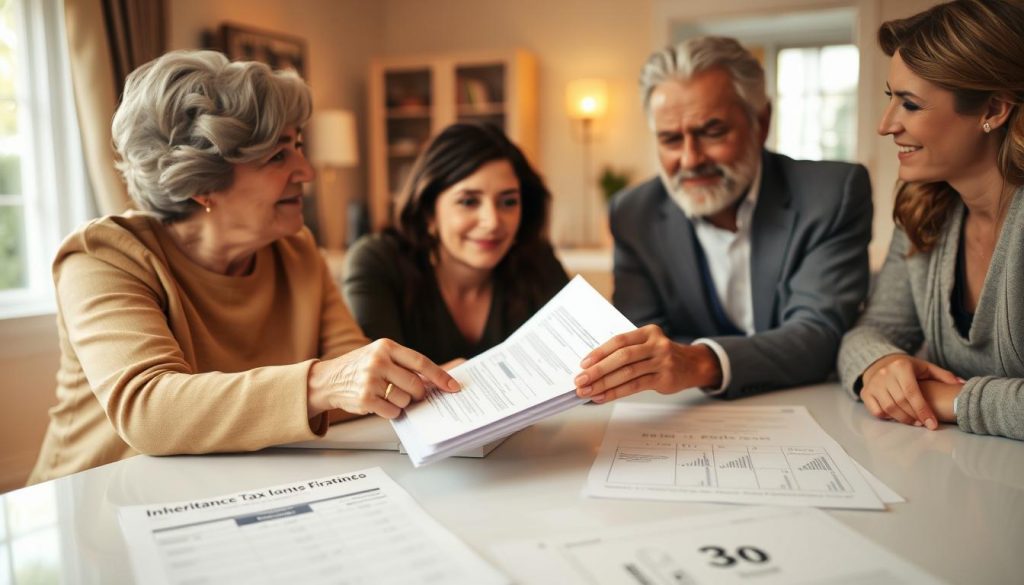 An elegant family gathered around a table, discussing financial strategies. In the foreground, a warm-lit scene shows a senior couple gifting a stack of documents to their adult children, their expressions contemplative yet hopeful. The middle ground features a detailed display of inheritance tax forms and calculations, conveying the gravity of the decision. In the background, a serene, softly-lit home office hints at the careful planning behind this moment. The overall mood is one of thoughtful collaboration, as the family navigates the complexities of inheritance tax through the simple act of gifting.