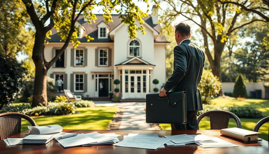 An elegant family home, the walls adorned with family portraits, stands in a serene, sun-dappled garden. In the foreground, a troubled-looking businessman, briefcase in hand, contemplates the weight of an unexpected inheritance tax, casting a long shadow over the peaceful scene. Subtle hints of legal documents and financial statements litter the table, underscoring the complexities of navigating the tax implications of a family business transition. The overall atmosphere conveys the delicate balance between honoring a legacy and navigating the bureaucratic challenges of inheritance, a cautionary tale for those facing similar circumstances.