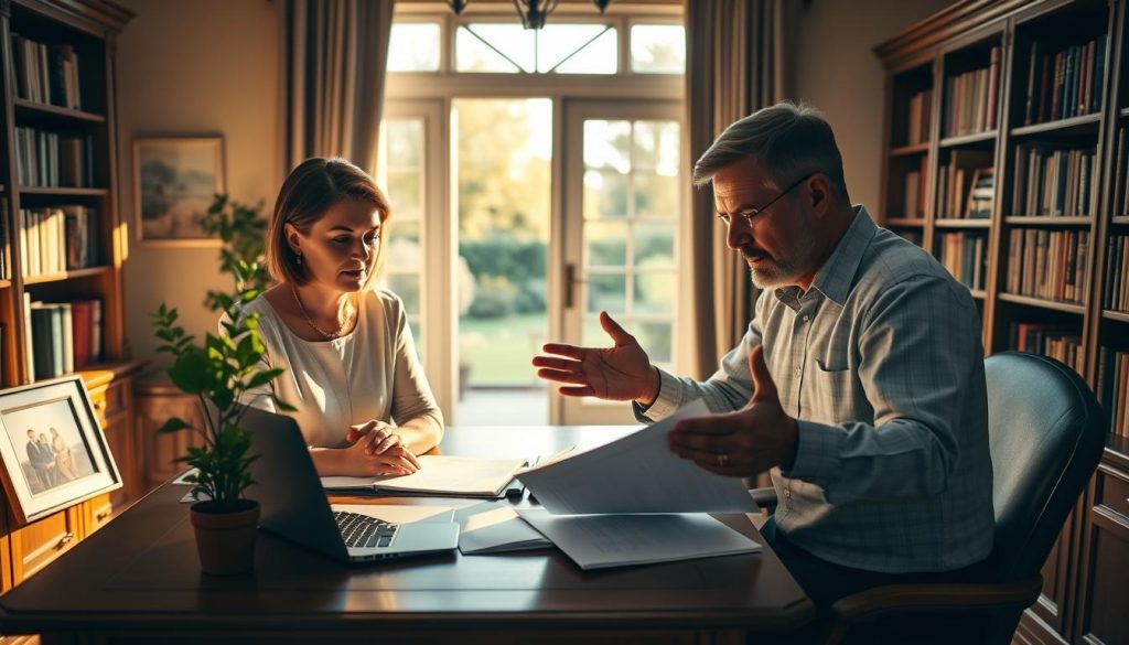 An elegant home office, softly lit by a warm, golden glow. On the oak desk, financial documents and a laptop sit beside a potted plant and a framed family portrait. In the foreground, a middle-aged couple pore over estate planning materials, brows furrowed in concentration. The woman's expression is one of quiet contemplation, while the man gestures emphatically, discussing the intricacies of spousal inheritance tax strategies. Bookshelves line the walls, casting muted shadows that add depth and atmosphere to the scene. Through the window, a tranquil garden comes into view, suggesting a sense of security and legacy.