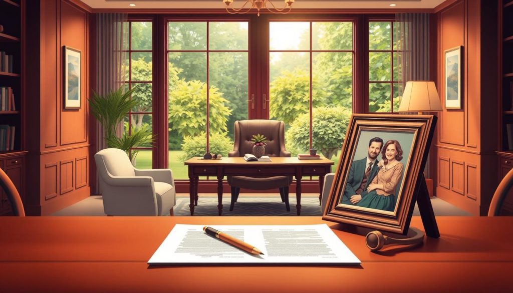 An elegant illustration of a family trust for inheritance tax planning. In the foreground, a table with legal documents and a family portrait, signifying the intergenerational transfer of wealth. The middle ground features a sophisticated, wood-paneled office with a large window overlooking a lush, verdant garden, conveying a sense of stability and prosperity. Soft, warm lighting casts a serene glow, while the composition emphasizes the importance of careful financial planning and the preservation of family legacy. The overall mood is one of thoughtful, prudent preparation for the future.