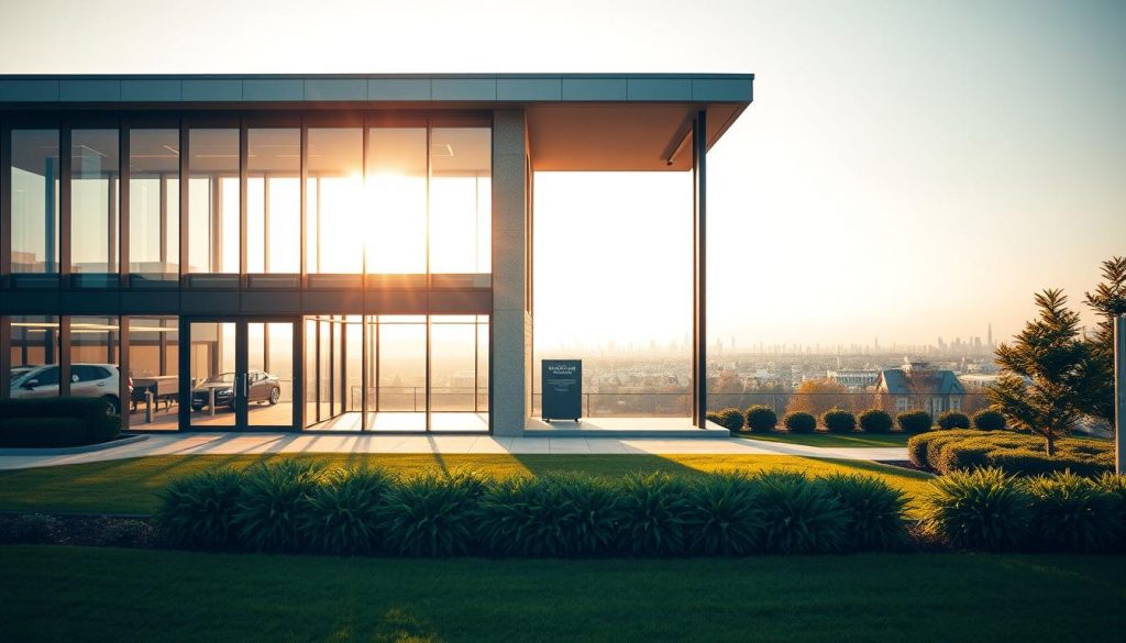 An elegant, minimalist business property, bathed in warm natural light filtering through large windows. The sleek, modern facade is constructed with a combination of glass, steel, and natural stone, evoking a sense of professionalism and stability. In the foreground, a well-manicured lawn and strategically placed shrubbery create a welcoming, corporate ambiance. The middle ground features a discreet signage or plaque, hinting at the property's purpose without drawing undue attention. The background gently fades into a serene, urban landscape, suggesting the property's integration within a thriving business district.