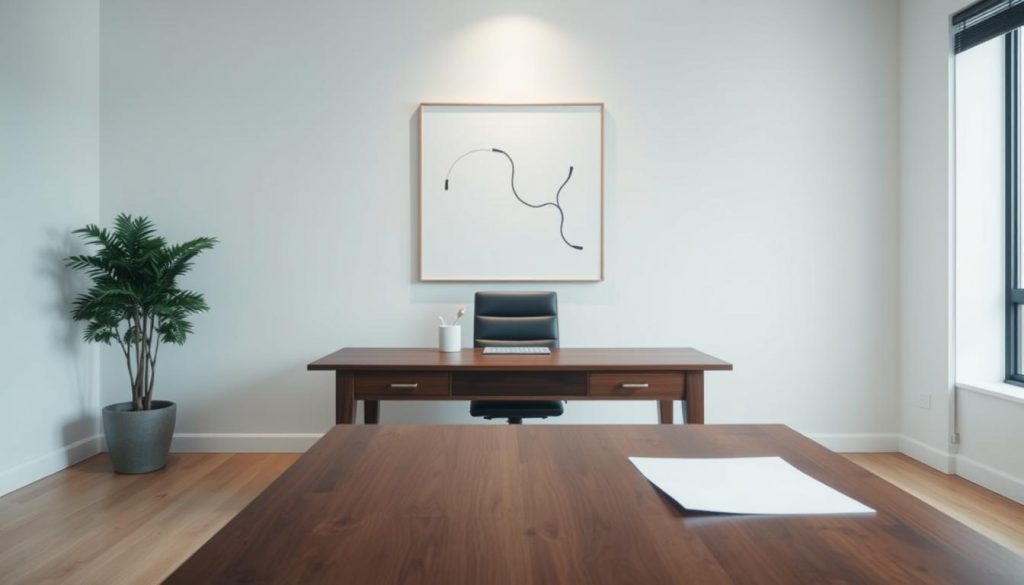 An elegant minimalist office interior with a large wooden desk, a potted plant, and a simple but striking abstract artwork on the wall. The lighting is soft and diffused, creating a serene and contemplative atmosphere. The desk is adorned with a single sheet of paper, symbolizing the careful planning and attention required for minimising inheritance tax through bare trusts. The overall composition conveys a sense of simplicity, order, and thoughtful financial management.