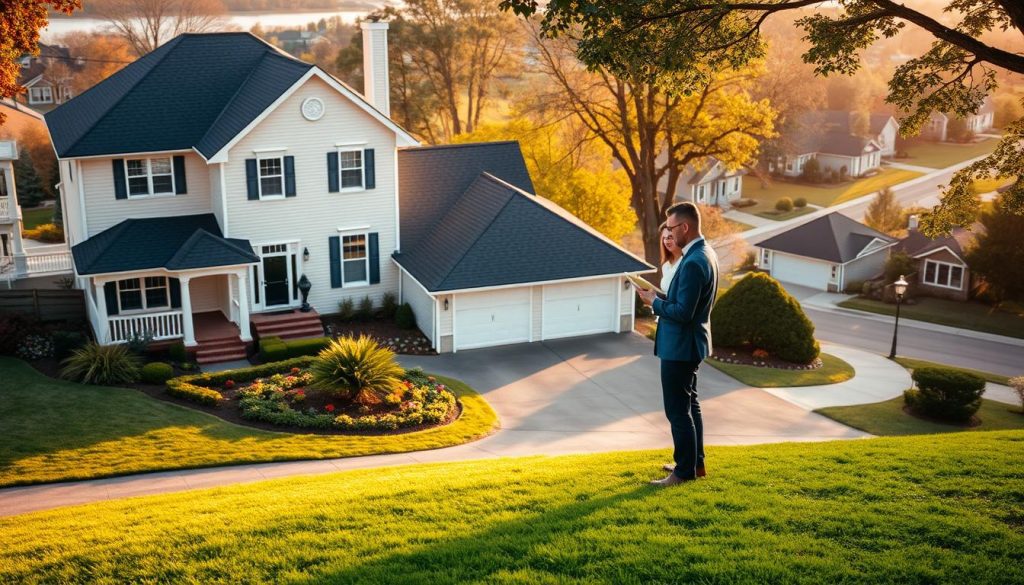 An elegant two-story house with a well-manicured lawn and a beautifully landscaped garden in the foreground. The property has a shared driveway leading to a detached garage. In the middle ground, two people, a man and a woman, stand together, examining documents, symbolizing joint ownership. The background features a tranquil suburban neighborhood with tree-lined streets and other similar houses, conveying a sense of community. The scene is bathed in warm, golden afternoon light, creating a cozy and inviting atmosphere. The overall composition suggests the idea of shared responsibility and collaborative decision-making in a jointly owned property.