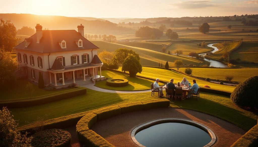 An elegant two-story manor nestled amidst lush, rolling hills, bathed in soft golden light from the setting sun. In the foreground, a well-manicured garden with neatly trimmed hedges and a water feature. In the middle ground, a family gathered around a weathered oak table, discussing estate planning strategies. The background features a picturesque pastoral landscape, with distant trees and a winding stream. The scene exudes a sense of tranquility and timeless tradition, conveying the importance of thoughtful inheritance tax mitigation for future generations.