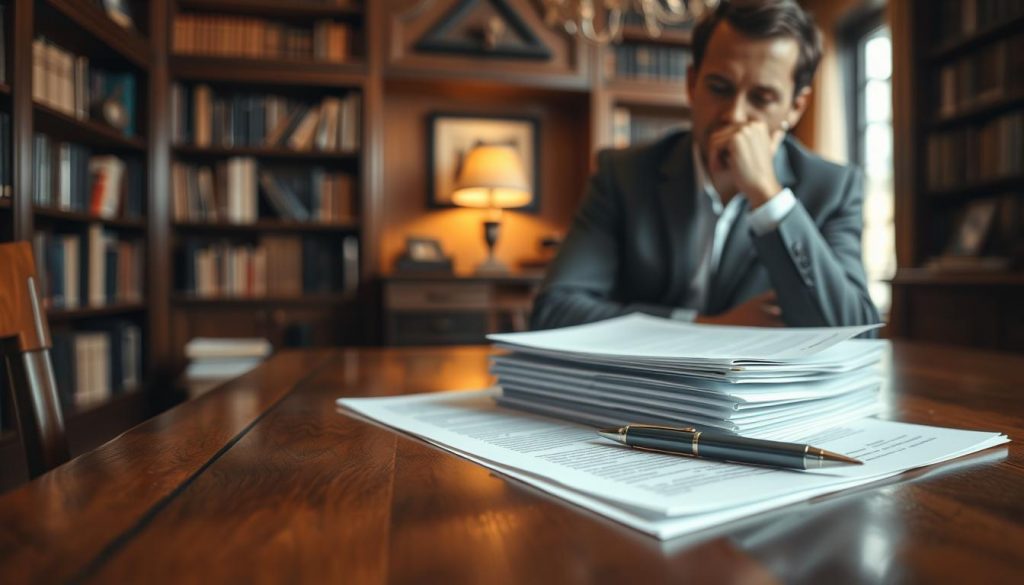 An elegant wooden table, its surface adorned with a stack of documents, a pen, and a contemplative expression. In the background, a cozy study with bookshelves and a warm, inviting ambiance. The lighting casts a soft, reflective glow, emphasizing the thoughtful nature of the scene. The composition evokes a sense of financial planning and the careful consideration of inheritance and gift tax implications.