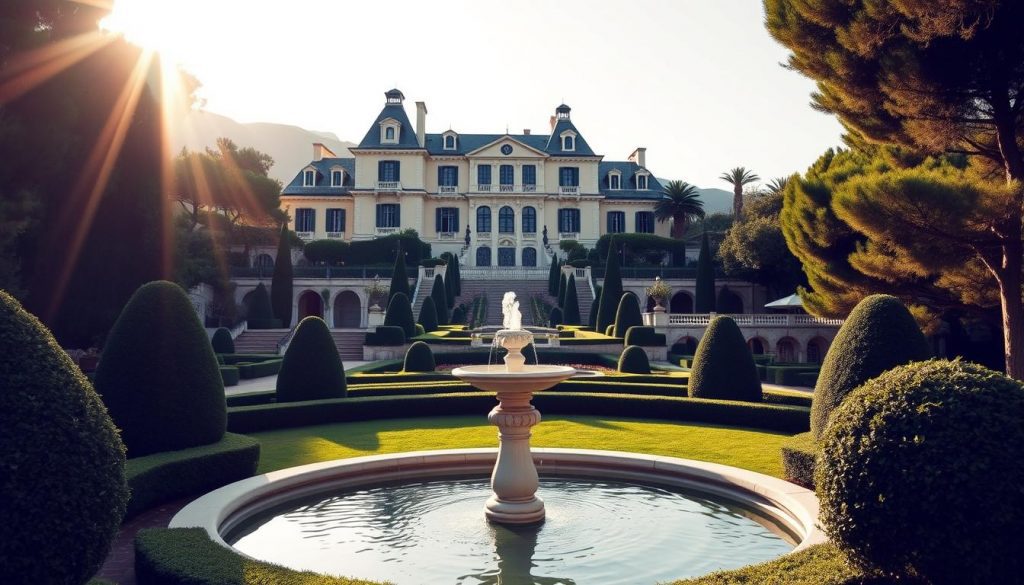 An imposing yet elegant estate set against the picturesque backdrop of the Côte d'Azur, its grandeur underscored by the warm Mediterranean sun. In the foreground, a well-manicured garden with sculpted hedges and a serene fountain. Amidst the lush greenery, a tastefully designed sign detailing the local tax regulations on gifts and legacies, its refined lettering reflecting the refined sensibilities of this exclusive enclave. The scene evokes a sense of sophistication and wealth, hinting at the complex financial considerations facing UK families navigating Monaco's inheritance landscape.