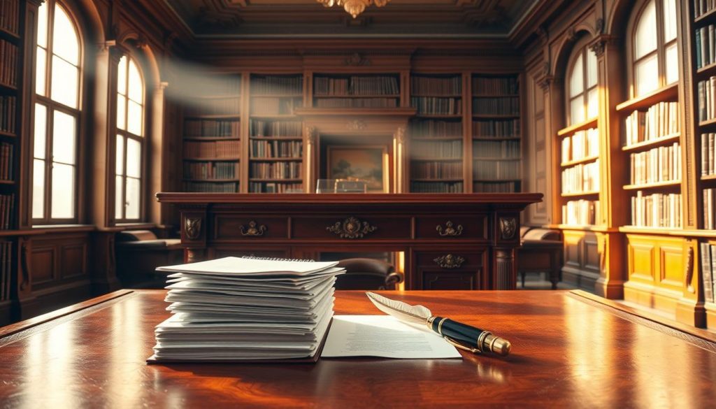An ornate antique mahogany desk sits in a stately library, with floor-to-ceiling bookshelves lining the walls. A beam of soft, warm light filters in through large windows, casting a golden glow on the polished wood surfaces. On the desk, a stack of official-looking documents and a quill pen hint at the importance of the subject matter - the inheritance tax exemption for art collections. The atmosphere is one of quiet contemplation, as if the viewer is privy to a significant financial and legal decision regarding a valuable art collection.