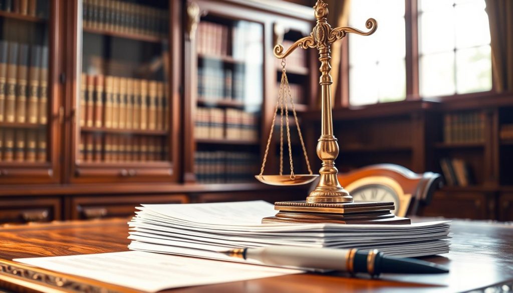 Elegant brass-toned scales of justice standing proudly on an ornate wooden desk, bathed in soft, warm lighting. In the foreground, a stack of official-looking documents and a quill pen, subtly hinting at the concept of inheritance tax exemptions. The background features a refined bookshelf and a large window, allowing natural light to flood the scene, creating a sense of professionalism and authority. The overall composition conveys a atmosphere of thoughtful contemplation and informed decision-making.