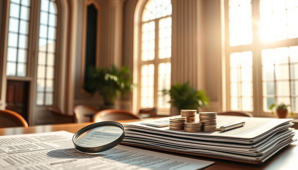 Elegant financial planning strategies unfold against a backdrop of refined architecture, embodying the thoughtful preservation of wealth. In the foreground, a magnifying glass hovers over intricate documents, symbolizing the meticulous analysis of tax implications. Soft lighting filters through tall windows, casting a warm glow on the scene, suggesting the comfort and security of well-crafted inheritance solutions. In the middle ground, a wooden desk displays an array of financial instruments, each representing a facet of the comprehensive plan. The overall atmosphere exudes a sense of measured confidence, conveying the expertise required to navigate the complexities of inheritance tax planning.