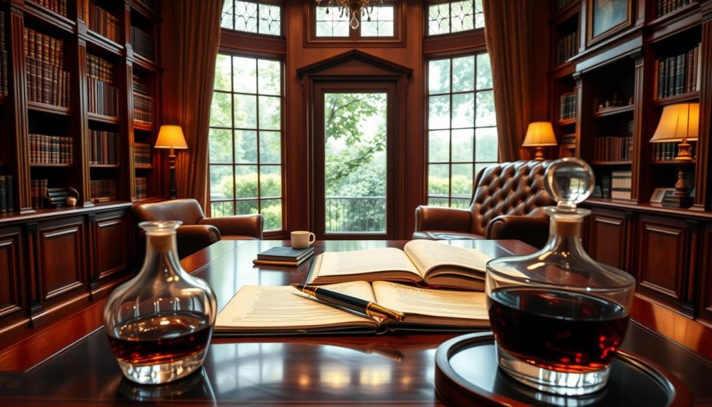 Elegant mahogany study with floor-to-ceiling bookshelves, a large leather armchair, and a polished wooden desk. Soft, ambient lighting illuminates a stack of premium bond certificates on the desk, alongside a quill pen and an open ledger. In the foreground, a crystal decanter and glass rest on a side table, creating a refined, contemplative atmosphere. Through the window, a lush, verdant garden scene is visible, hinting at the careful planning and consideration that goes into legacy and inheritance management.