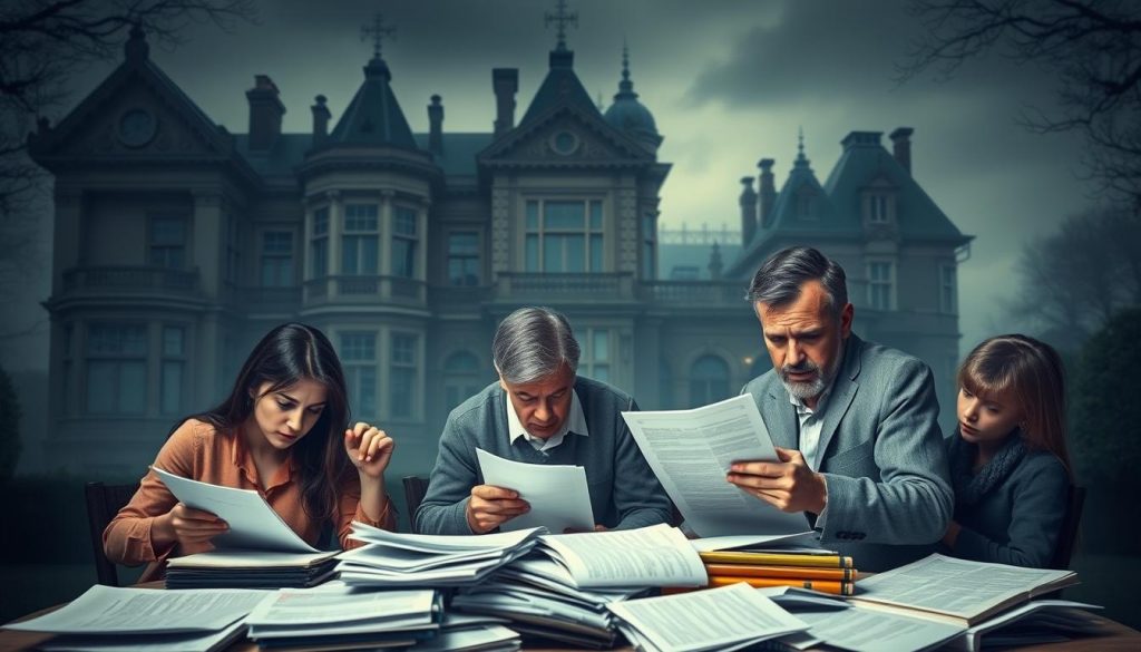 Inheritance tax misconceptions: A stately manor shrouded in mystery, its ornate facade concealing the complexities within. In the foreground, a befuddled family grapples with piles of documents, their expressions a mix of confusion and concern. The middle ground reveals a maze of legal jargon and fine print, while the distant background showcases a towering government building, its imposing presence looming over the scene. Soft, muted lighting casts an air of uncertainty, as if the answers they seek remain elusive. This image captures the common misconceptions and overwhelming nature of navigating inheritance tax, a challenge faced by many UK families.