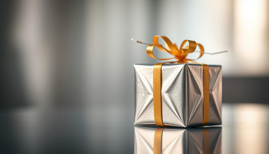 a beautifully lit, highly detailed close-up image of a metallic gift box with a golden ribbon, positioned on a sleek, reflective surface against a soft, blurred background, capturing the essence of a "gift exemption limit" concept with a sense of sophistication and elegance