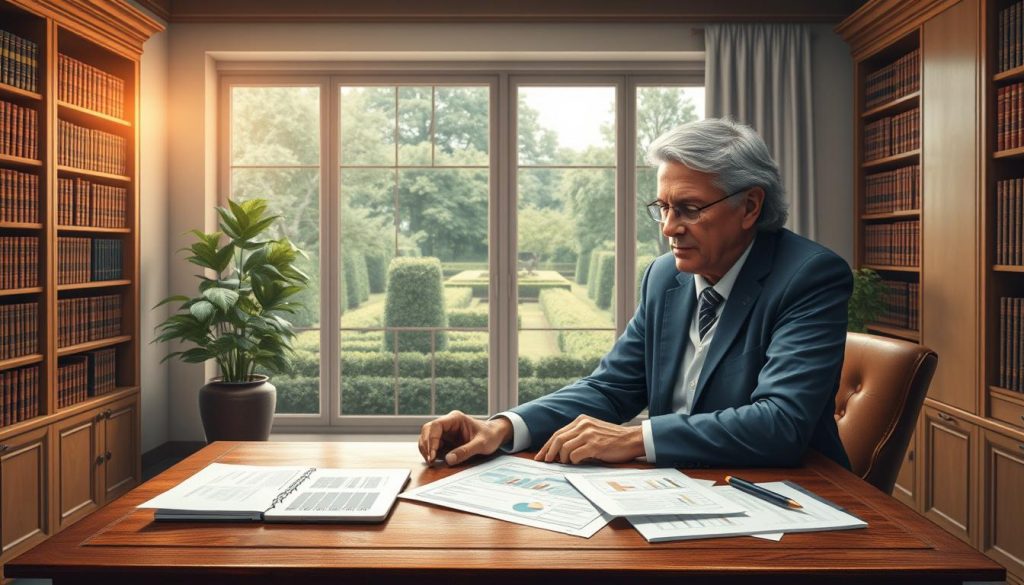 a detailed and realistic digital painting of an estate planning and inheritance tax concept. in the foreground, a middle-aged couple sitting at a wooden desk, discussing documents and papers related to financial planning and estate management. the man is wearing a suit, the woman a blouse and skirt. on the desk, a laptop, pen, and papers with charts and graphs. in the middle ground, bookshelves lining the walls, filled with legal and financial volumes. the lighting is warm and subtle, creating a professional yet contemplative atmosphere. in the background, a large window overlooking a lush, manicured garden. the overall scene conveys the thoughtful and considered nature of estate planning and the impact of inheritance tax.
