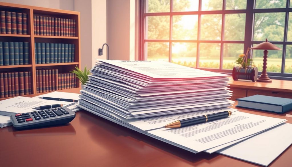 a detailed illustration of estate planning strategies, featuring a well-organized desk with important legal documents, a pen, and a calculator. In the background, a bookshelf with law books and a large window overlooking a peaceful garden. Soft, warm lighting illuminates the scene, creating a professional and thoughtful atmosphere. The focal point is a stack of paperwork representing wills, trusts, and other estate planning tools. The composition conveys the importance and complexity of effective estate planning.