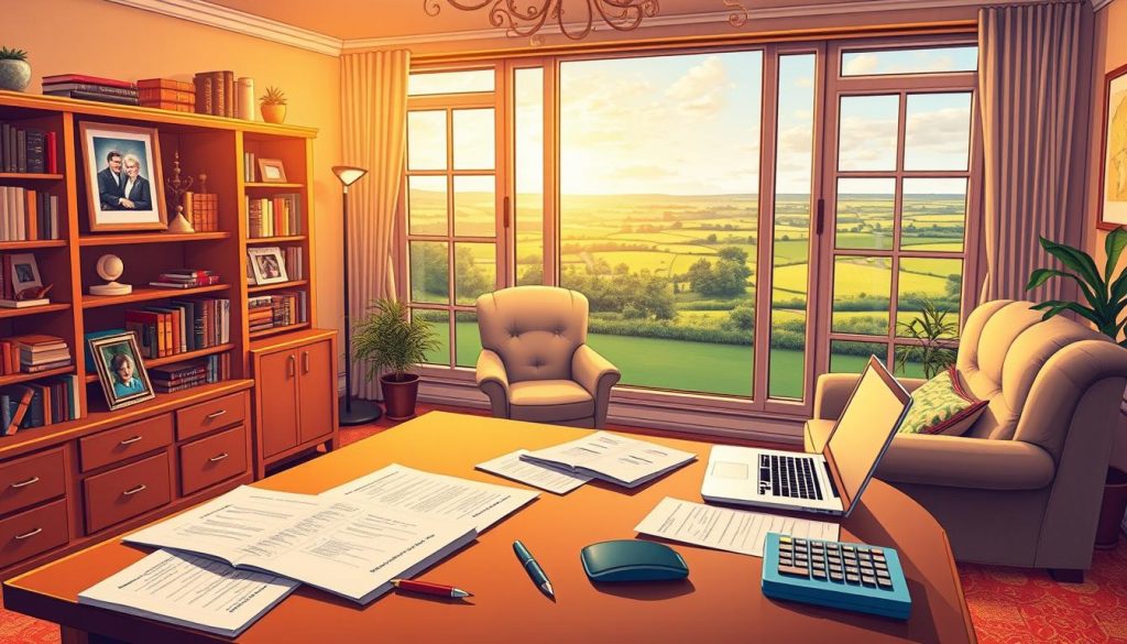 a detailed illustration of inheritance tax planning for UK homeowners, showcasing a cozy, well-appointed home office with a large wooden desk, bookshelves, and a comfortable armchair. The room is bathed in warm, golden lighting, creating an atmosphere of focused productivity. In the foreground, documents, a laptop, and a calculator are neatly arranged, symbolizing the careful planning and attention to detail required for effective inheritance tax management. The middle ground features a family portrait, conveying the importance of preserving one's legacy for future generations. The background depicts a panoramic view of a picturesque countryside, suggesting the long-term benefits of proactive inheritance tax planning. The overall scene exudes a sense of diligence, foresight, and tranquility, encapsulating the essence of "The Importance of Planning Ahead."