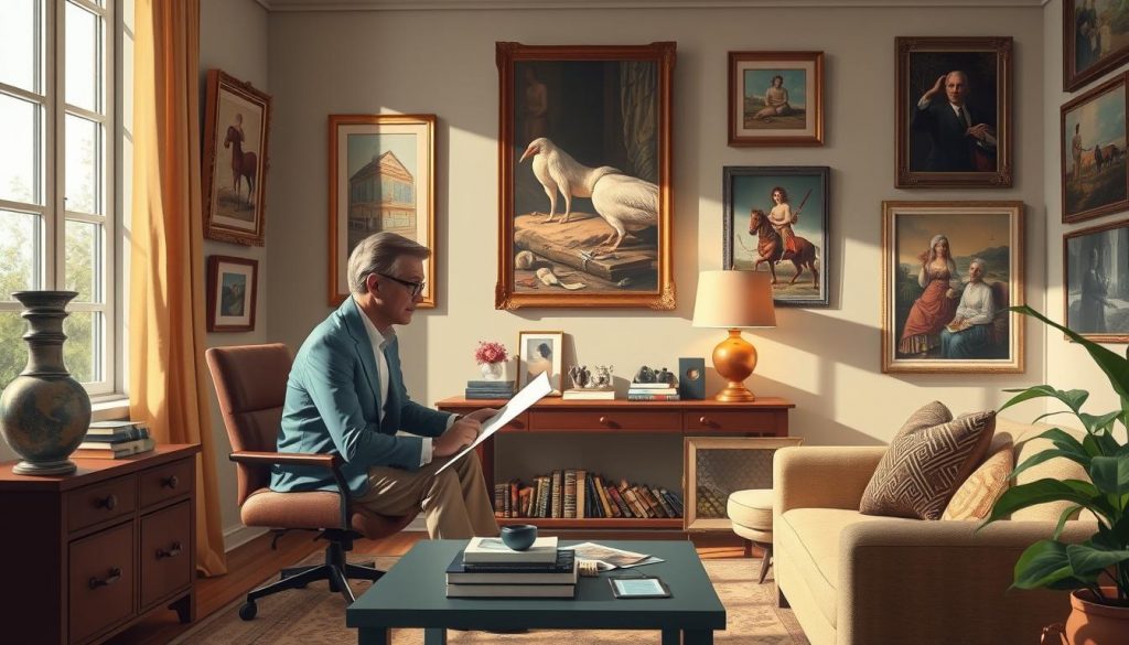 a detailed illustration of reducing inheritance tax through estate planning, with a well-lit home office scene featuring a financial advisor discussing investment options and tax-saving strategies with an art collector client, surrounded by a curated art collection displayed on the walls, with a warm, inviting atmosphere and a sense of careful financial planning