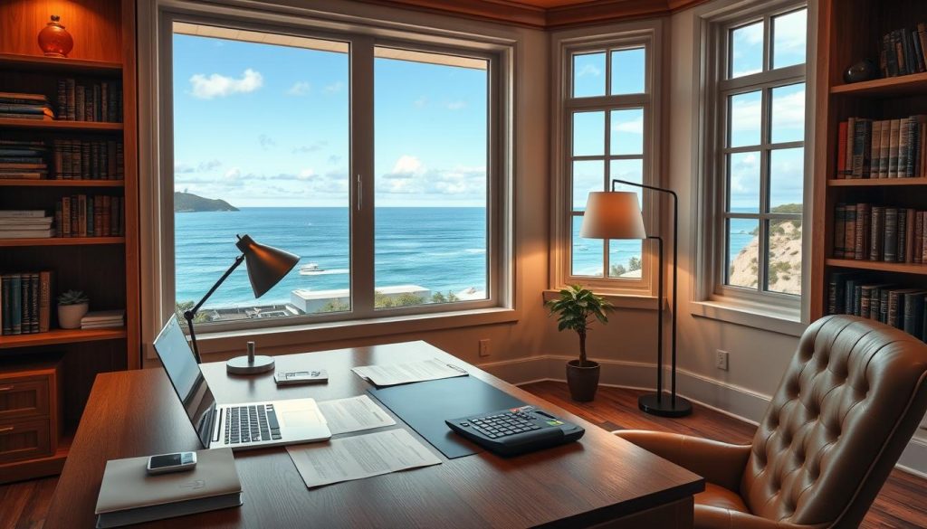 a detailed interior of a home office with a large window overlooking a scenic ocean view, a wooden desk with a laptop, documents, and a calculator, bookshelves lining the walls, warm lighting from a floor lamp, a plush leather chair, and a potted plant on the desk, conveying a sense of professionalism and contemplation around the topic of overseas property tax