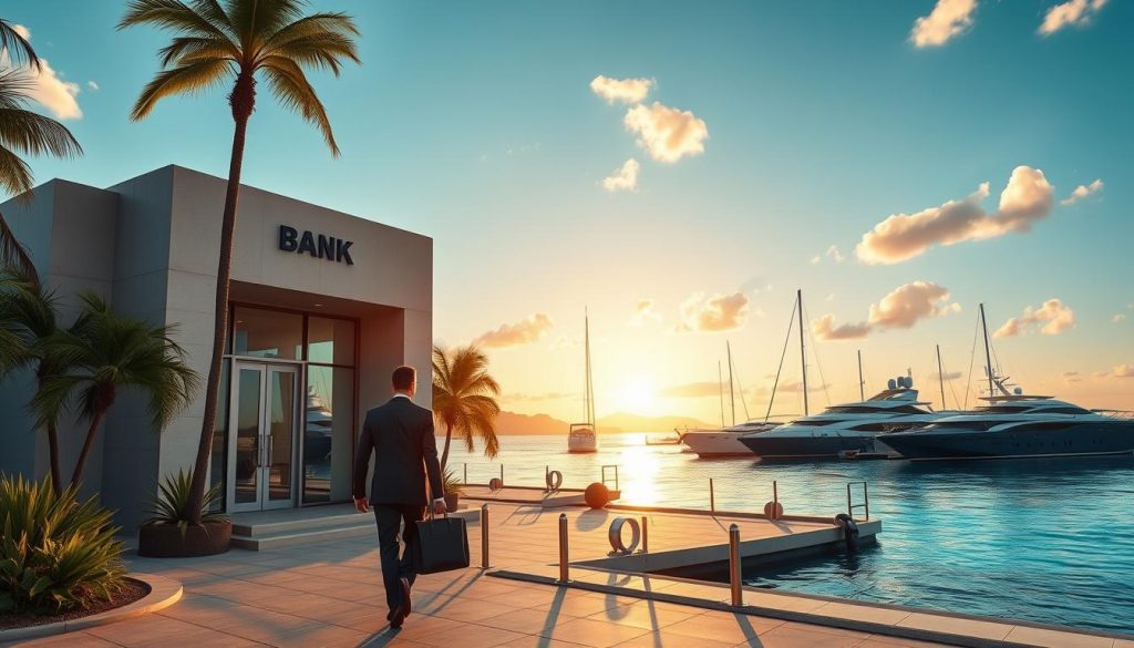 a detailed, photorealistic image of an offshore bank building with a sleek modern architecture, set against a backdrop of a tropical coastal landscape with palm trees and crystal-clear turquoise waters. The foreground features a businessman in a suit walking towards the bank's entrance, briefcase in hand, symbolizing the transfer of assets. The middle ground depicts several luxury yachts anchored in the marina, hinting at the wealth and opulence associated with offshore banking. The background showcases a picturesque sunset, casting a warm, golden glow over the scene and creating a sense of tranquility and exclusivity. The lighting is natural, with soft shadows and highlights accentuating the architectural details and the sheen of the water. The overall mood is one of discretion, wealth, and the complexities of managing overseas assets.