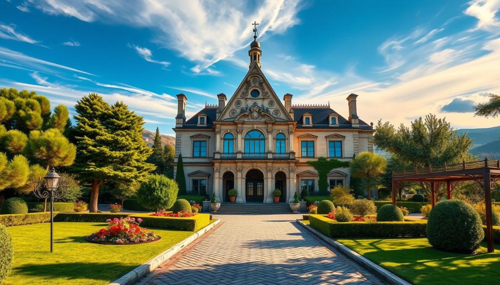 a detailed, realistic image of an ornate, historic building with a grand facade, surrounded by lush gardens and trees, set against a clear blue sky with wispy clouds. the building has intricate stone carvings, arched windows, and a tall, pointed roof. the foreground features a well-maintained lawn and flower beds, with a cobblestone driveway leading up to the entrance. the middle ground shows carefully pruned hedges and manicured shrubbery, while the background includes rolling hills and distant mountains. the overall scene conveys a sense of wealth, tradition, and tranquility, evoking the atmosphere of a prestigious estate property in malta.