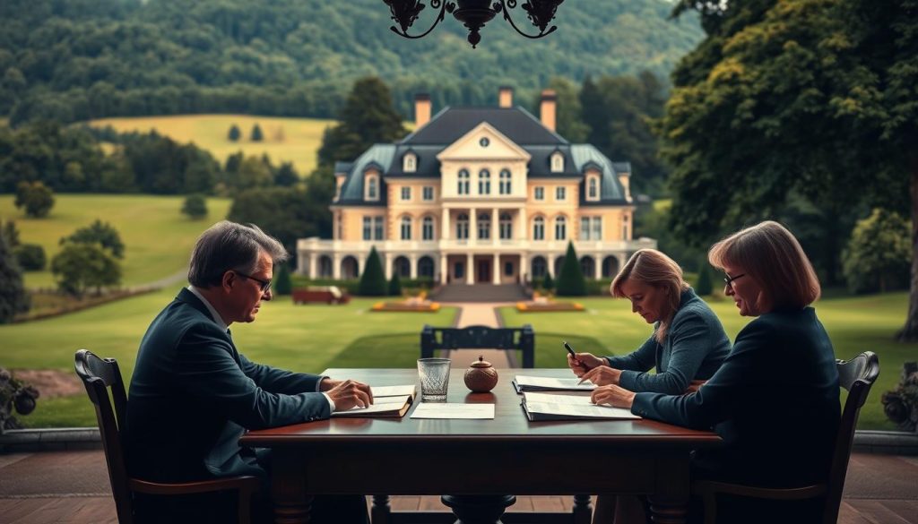 a detailed, realistic scene of a Swedish estate plan, with a lush green landscape in the background, a grand mansion with traditional Swedish architecture in the middle ground, and in the foreground, a family gathered around a mahogany table, carefully reviewing documents and discussing their succession plans. The lighting is soft and warm, creating a sense of tranquility and thoughtfulness. The scene conveys the importance of careful estate planning, the preservation of family wealth, and the cultural heritage of Sweden.