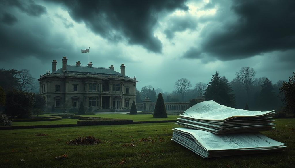 a detailed scene depicting the impact of inheritance tax on an estate, with a somber and melancholic mood. in the foreground, a large ornate mansion stands, its grandeur overshadowed by a looming tax bill. the property is surrounded by manicured gardens, now overgrown and neglected. in the middle ground, a stack of financial documents and ledgers lies abandoned, symbolizing the administrative burden of the inheritance tax. the background is hazy and dimly lit, with storm clouds gathering overhead, casting an ominous shadow over the entire scene. the overall composition conveys the sense of a once-prosperous estate now under threat, the weight of the inheritance tax bearing down on its future.