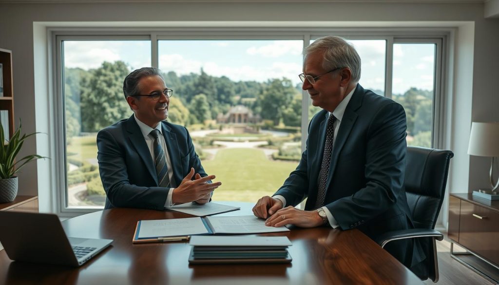 a high-quality, hyper-realistic, cinematic, wide-angle image of a professional financial advisor sitting at a desk in a modern, well-lit office, discussing estate planning strategies with a client. The advisor is wearing a sharp suit and tie, and the client is dressed in formal attire. Behind them, a large window overlooking a lush, green estate landscape fills the background. The scene conveys a sense of wealth, professionalism, and attention to detail, with a focus on the financial planning process and the importance of safeguarding one's assets for future generations.