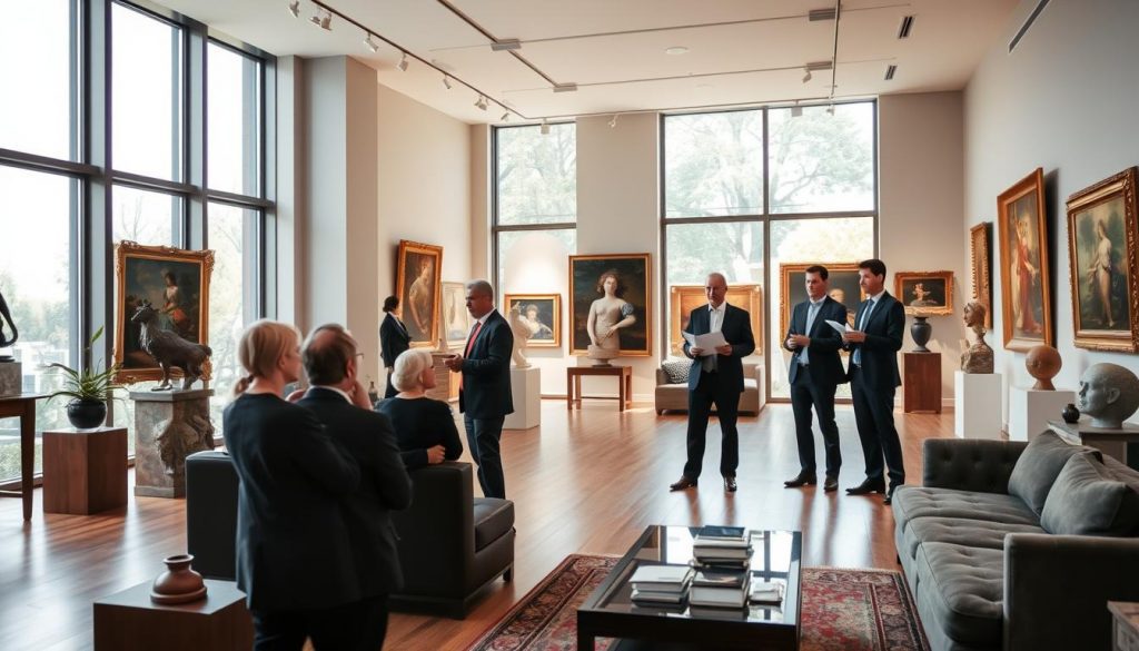 a spacious art gallery interior with large floor-to-ceiling windows, allowing natural light to flood the space. In the foreground, a well-curated collection of paintings, sculptures, and other valuable artworks are displayed. The middle ground features a group of art collectors and appraisers engaged in a discussion, gesturing towards the art pieces. In the background, a team of lawyers and accountants are reviewing documents, highlighting the tax implications and inheritance relief options available to the art owners. The atmosphere is one of thoughtful contemplation, with a sense of elegance and sophistication conveyed through the high-end furnishings and professional demeanor of the individuals present.
