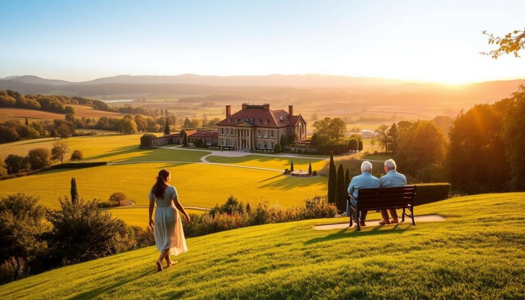 a vast, sprawling estate nestled amidst rolling hills and lush greenery, with a grand manor house at the center, its stately architecture reflecting the family's legacy and wealth. In the foreground, a young couple strolls hand-in-hand, gazing towards the future, while in the background, elderly grandparents sit on a bench, watching over the next generation. Warm, golden light filters through the trees, casting a timeless, nostalgic glow. The scene evokes a sense of tradition, stability, and the careful planning required to ensure the estate's preservation for years to come.