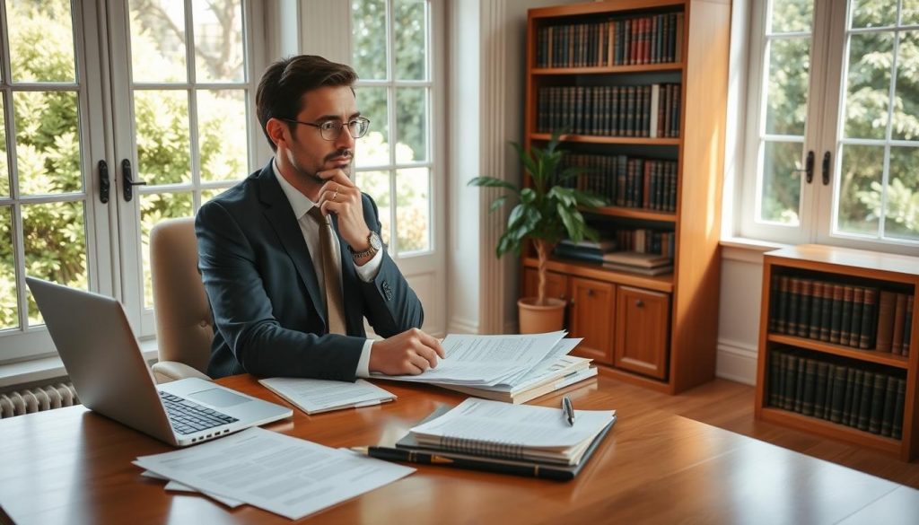 A bright, airy home office with a wooden desk and a comfortable armchair. On the desk, a laptop, a pen, and scattered legal documents. Beside the desk, a bookshelf filled with law books. Through the window, a garden with lush greenery. The warm, natural light filters through, casting a serene atmosphere. A thoughtful person, dressed in professional attire, sits at the desk, their expression contemplative as they review the documents, reflecting on the changes in their relationships and the necessary updates to their will. A bright, airy home office with a wooden desk and a comfortable armchair. On the desk, a laptop, a pen, and scattered legal documents. Beside the desk, a bookshelf filled with law books. Through the window, a garden with lush greenery. The warm, natural light filters through, casting a serene atmosphere. A thoughtful person, dressed in professional attire, sits at the desk, their expression contemplative as they review the documents, reflecting on the changes in their relationships and the necessary updates to their will.