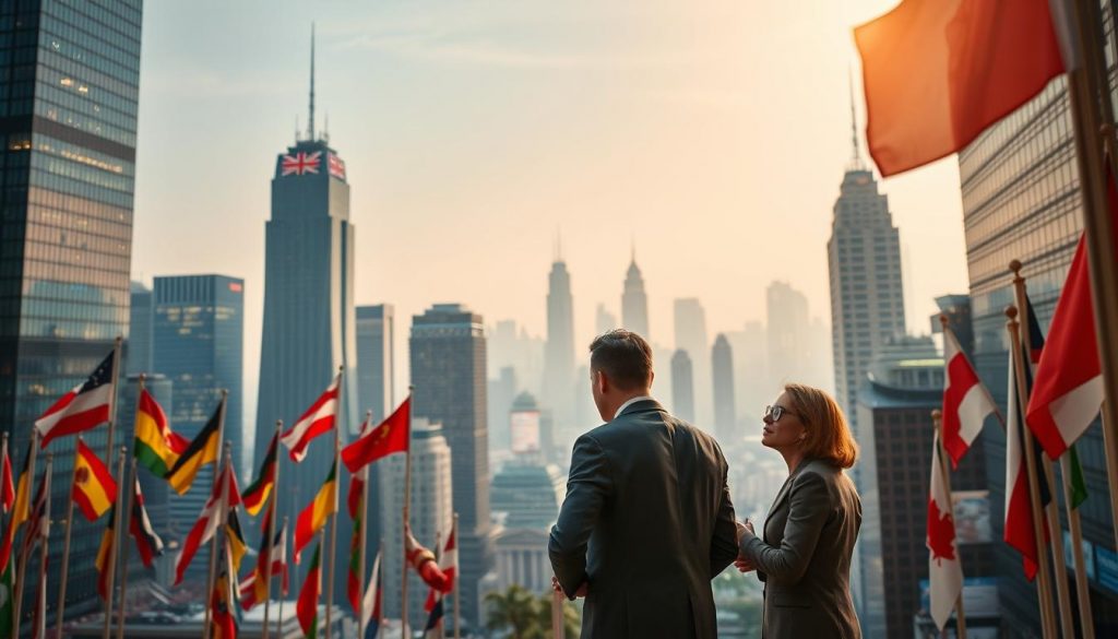 A bustling cityscape with towering skyscrapers, their glass facades reflecting the vibrant lights of the metropolis. In the foreground, a tangle of international flags representing the diverse nations engaged in cross-border taxation policies. The middle ground features a pair of businesspeople, one local and one foreign, engaged in a heated discussion, their expressions conveying the complexities of navigating the intricate web of tax agreements. The background is hazy, with faint silhouettes of government buildings and financial institutions, symbolizing the layers of bureaucracy and regulations that govern this intricate system. The scene is bathed in a warm, golden light, creating a sense of urgency and importance surrounding the topic of double taxation agreements. A bustling cityscape with towering skyscrapers, their glass facades reflecting the vibrant lights of the metropolis. In the foreground, a tangle of international flags representing the diverse nations engaged in cross-border taxation policies. The middle ground features a pair of businesspeople, one local and one foreign, engaged in a heated discussion, their expressions conveying the complexities of navigating the intricate web of tax agreements. The background is hazy, with faint silhouettes of government buildings and financial institutions, symbolizing the layers of bureaucracy and regulations that govern this intricate system. The scene is bathed in a warm, golden light, creating a sense of urgency and importance surrounding the topic of double taxation agreements.