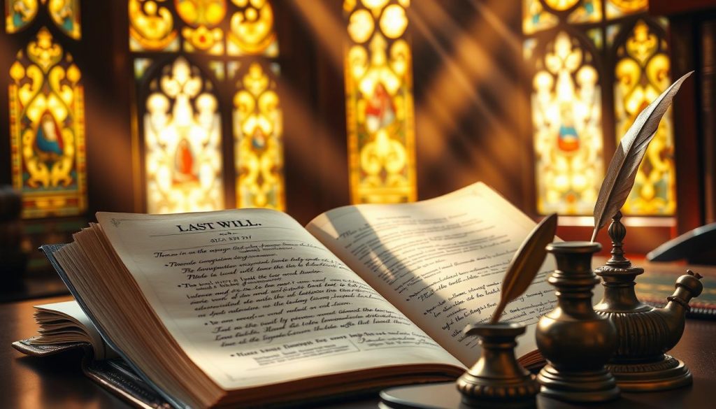 A classic leather-bound book lies open on a mahogany desk, its pages revealing intricate calligraphy depicting the formal requirements for a valid last will and testament. Beams of warm, golden light filter in through ornate stained glass windows, casting a distinguished, scholarly atmosphere. Nearby, an antique brass quill and inkwell stand ready, hinting at the gravity and importance of the document's signing. The overall scene evokes a sense of tradition, legacy, and the solemn responsibility of ensuring a person's final wishes are properly recorded. A classic leather-bound book lies open on a mahogany desk, its pages revealing intricate calligraphy depicting the formal requirements for a valid last will and testament. Beams of warm, golden light filter in through ornate stained glass windows, casting a distinguished, scholarly atmosphere. Nearby, an antique brass quill and inkwell stand ready, hinting at the gravity and importance of the document's signing. The overall scene evokes a sense of tradition, legacy, and the solemn responsibility of ensuring a person's final wishes are properly recorded.