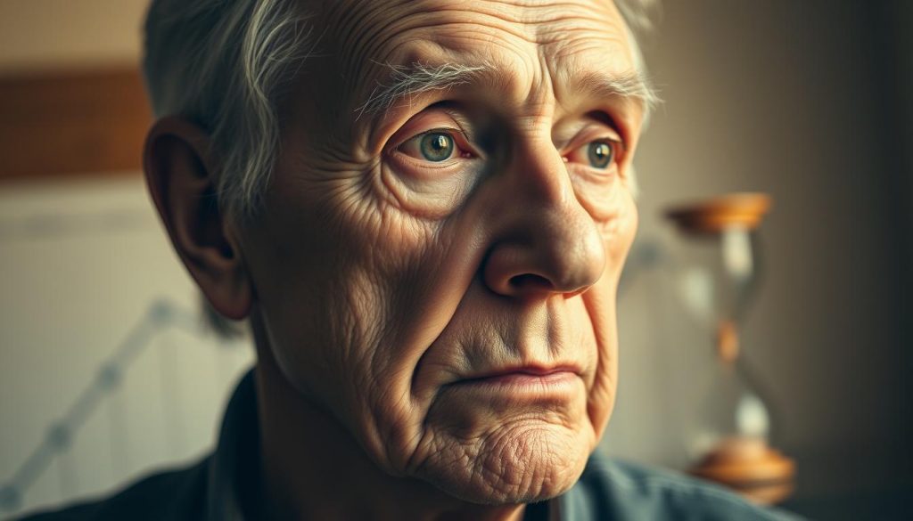 A contemplative elderly person, their face etched with wisdom, considering the weighty responsibilities of being an executor. The scene is bathed in warm, soft lighting, creating a pensive atmosphere. The subject's gaze is introspective, highlighting the gravity and importance of this role. In the background, a blurred timeline or hourglass subtly conveys the time-sensitive nature of the duties. The composition emphasizes the individual's thoughtful expression, inviting the viewer to consider the age and health factors that should guide the selection of an executor.