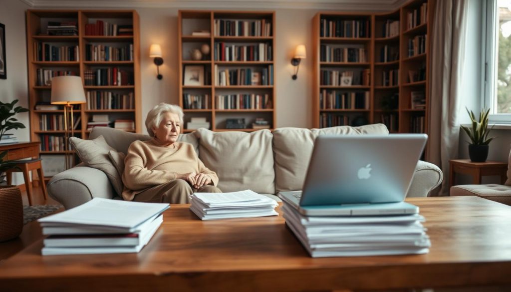 A cozy home interior with a warm, inviting atmosphere. In the foreground, an elderly couple sits on a plush sofa, deep in discussion. They appear pensive, contemplating the implications of their joint ownership of the family home and the potential inheritance tax consequences. The middle ground features a large wooden table with stacks of documents and a laptop, hinting at the administrative and legal considerations. In the background, floor-to-ceiling bookshelves line the walls, casting a soft, intellectual glow. The lighting is mellow, creating a sense of tranquility and thoughtfulness, as the couple navigates the complexities of their joint inheritance. A cozy home interior with a warm, inviting atmosphere. In the foreground, an elderly couple sits on a plush sofa, deep in discussion. They appear pensive, contemplating the implications of their joint ownership of the family home and the potential inheritance tax consequences. The middle ground features a large wooden table with stacks of documents and a laptop, hinting at the administrative and legal considerations. In the background, floor-to-ceiling bookshelves line the walls, casting a soft, intellectual glow. The lighting is mellow, creating a sense of tranquility and thoughtfulness, as the couple navigates the complexities of their joint inheritance.