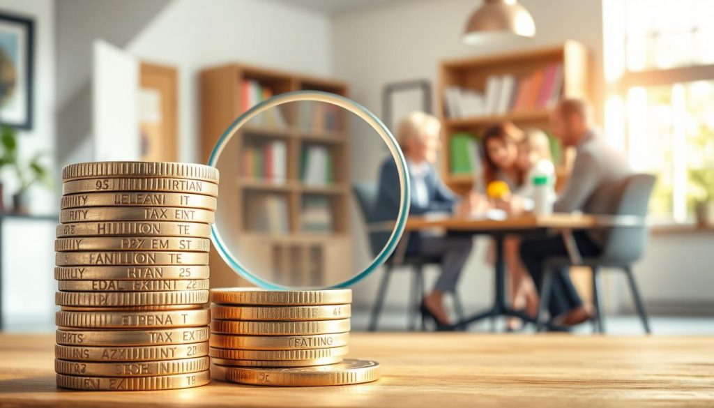 A detailed cross-sectional illustration of the tax implications for beneficiaries of a pension plan. In the foreground, a stack of British pound coins representing the pension pot, with a magnifying glass highlighting the various tax rates and exemptions. In the middle ground, a family gathered around a table, discussing the inheritance and distribution of the assets. The background depicts a serene, sunlit office setting with bookshelves and a window, conveying a sense of financial planning and expertise. The lighting is soft and diffused, creating a warm, professional atmosphere. The overall composition aims to visually communicate the complex, yet important considerations around pension tax implications for beneficiaries. A detailed cross-sectional illustration of the tax implications for beneficiaries of a pension plan. In the foreground, a stack of British pound coins representing the pension pot, with a magnifying glass highlighting the various tax rates and exemptions. In the middle ground, a family gathered around a table, discussing the inheritance and distribution of the assets. The background depicts a serene, sunlit office setting with bookshelves and a window, conveying a sense of financial planning and expertise. The lighting is soft and diffused, creating a warm, professional atmosphere. The overall composition aims to visually communicate the complex, yet important considerations around pension tax implications for beneficiaries.