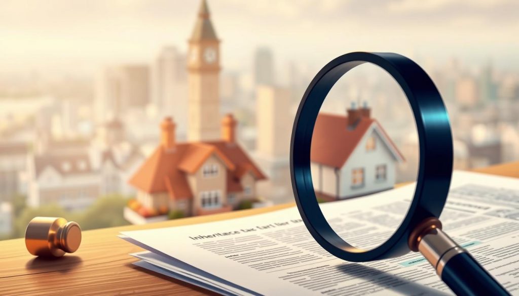 A detailed illustration depicting the concept of "Inheritance Tax UK". The foreground features a magnifying glass examining legal documents and paperwork, representing the process of understanding and navigating inheritance tax regulations. The middle ground showcases a family home, subtly alluding to the implications of inheritance tax on real estate. The background is a soft, blurred cityscape, conveying a sense of the broader financial and legal landscape in the UK. The lighting is warm and inviting, creating a contemplative mood. The overall composition and attention to detail aim to visually communicate the nuances of inheritance tax in the UK context. A detailed illustration depicting the concept of "Inheritance Tax UK". The foreground features a magnifying glass examining legal documents and paperwork, representing the process of understanding and navigating inheritance tax regulations. The middle ground showcases a family home, subtly alluding to the implications of inheritance tax on real estate. The background is a soft, blurred cityscape, conveying a sense of the broader financial and legal landscape in the UK. The lighting is warm and inviting, creating a contemplative mood. The overall composition and attention to detail aim to visually communicate the nuances of inheritance tax in the UK context.