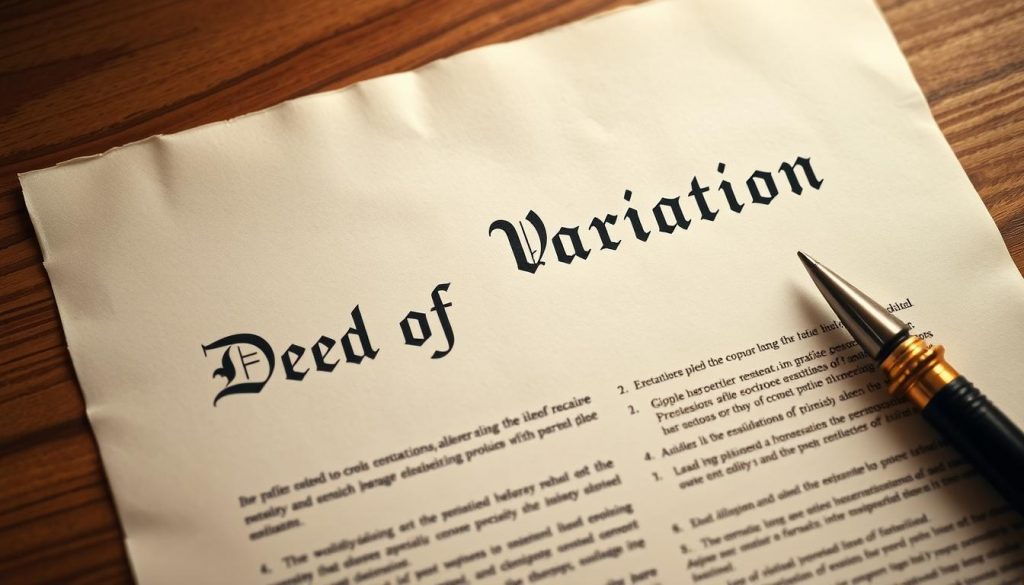 A detailed legal document with a formal, official appearance, set against a backdrop of warm, muted tones. The parchment-like paper has a subtle texture, with the title "Deed of Variation" prominently displayed in elegant, calligraphic script. The layout is well-organized, with clear sections and headers, conveying a sense of order and professionalism. Soft, diffused lighting casts a subtle glow, highlighting the intricate details and lending an air of importance to the document. The overall composition evokes a sense of significance, reflecting the legal and financial implications of this type of document. A detailed legal document with a formal, official appearance, set against a backdrop of warm, muted tones. The parchment-like paper has a subtle texture, with the title "Deed of Variation" prominently displayed in elegant, calligraphic script. The layout is well-organized, with clear sections and headers, conveying a sense of order and professionalism. Soft, diffused lighting casts a subtle glow, highlighting the intricate details and lending an air of importance to the document. The overall composition evokes a sense of significance, reflecting the legal and financial implications of this type of document.