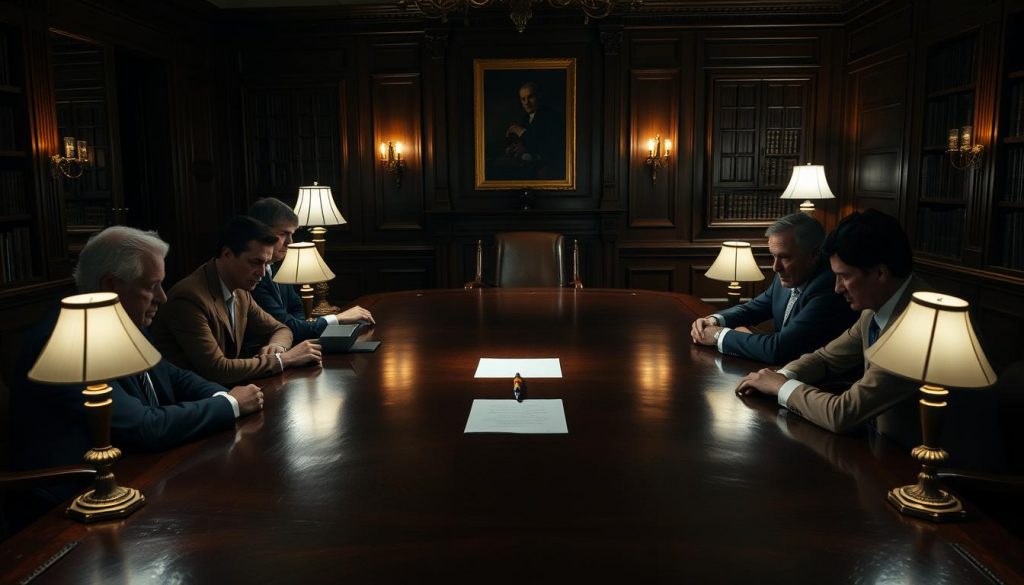 A dimly lit conference room, where a group of somber-faced individuals sit around an ornate wooden table, deep in discussion. The soft glow of desk lamps illuminates their faces, casting shadows that accentuate the gravity of the decision-making process. The room is adorned with mahogany paneling and floor-to-ceiling bookshelves, conveying a sense of tradition and authority. In the center of the table, a single, meticulously placed pen and a stack of documents await the final verdict. The scene exudes a palpable air of responsibility and the weight of the choices to be made.