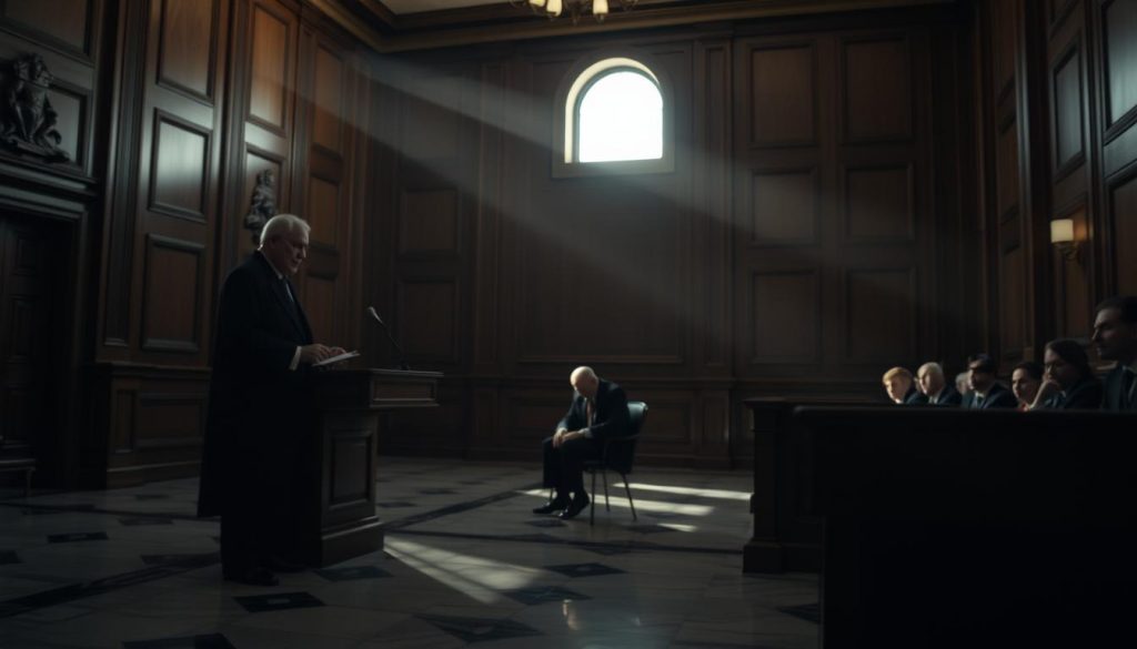 A dimly lit courtroom, the air thick with tension. In the foreground, a legal official stands, solemnly delivering the verdict to remove the uncooperative executor. Shadows cast across the marble floors, highlighting the gravity of the moment. In the middle ground, the former executor sits, head bowed, facing the consequences of their actions. The background is a blur of oak-paneled walls, with a single window casting a shaft of light, symbolic of justice being served. The scene is captured with a low-angle lens, emphasizing the authority and weight of the legal proceedings. An atmosphere of somberness and resolution pervades the space, reflecting the delicate nature of this executor removal process.