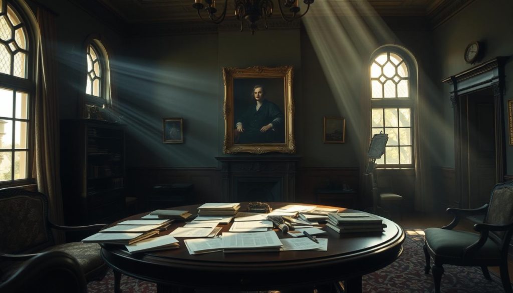 A dimly lit drawing room in a stately manor, the air heavy with the weight of unspoken grief. Sunlight filters through ornate windows, casting a melancholic glow upon the scattered documents and ledgers on an ornate mahogany table. The room is devoid of human presence, save for the looming presence of a large portrait on the wall, a silent witness to the unfolding drama. The scene conveys the sense of an estate in limbo, its fate uncertain without a clear succession plan. The atmosphere is one of solemnity and unresolved tension, hinting at the complexities of navigating the intestacy rules. A dimly lit drawing room in a stately manor, the air heavy with the weight of unspoken grief. Sunlight filters through ornate windows, casting a melancholic glow upon the scattered documents and ledgers on an ornate mahogany table. The room is devoid of human presence, save for the looming presence of a large portrait on the wall, a silent witness to the unfolding drama. The scene conveys the sense of an estate in limbo, its fate uncertain without a clear succession plan. The atmosphere is one of solemnity and unresolved tension, hinting at the complexities of navigating the intestacy rules.