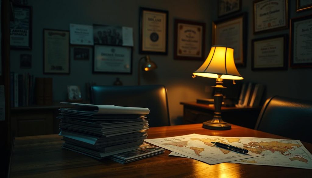 A dimly lit home office, illuminated by the warm glow of a desk lamp. On the wooden surface, a stack of legal documents, a pen, and a world map unfurled, hinting at the international implications of the task at hand. The walls are adorned with framed certificates and diplomas, conveying the expertise of the individual crafting a will for a life that spans multiple countries. The atmosphere is pensive, with a sense of gravity and attention to detail, as the subject navigates the complexities of creating a lasting legacy across borders.