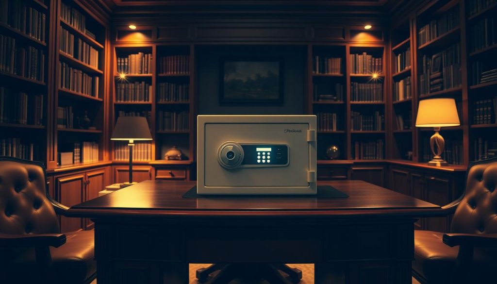 A dimly lit home office, the walls adorned with bookshelves and elegant furnishings. A polished mahogany desk stands in the center, its surface dominated by a secure digital safe, its display illuminated by a soft, warm light. The safe's sleek, minimalist design exudes a sense of modern sophistication, conveying the importance and security of the documents stored within. The room is bathed in a golden glow, creating an atmosphere of tranquility and trust, perfect for the solemn task of safeguarding one's will. The scene is captured from a low, slightly angled perspective, emphasizing the safe's prominence and the room's inviting ambiance. A dimly lit home office, the walls adorned with bookshelves and elegant furnishings. A polished mahogany desk stands in the center, its surface dominated by a secure digital safe, its display illuminated by a soft, warm light. The safe's sleek, minimalist design exudes a sense of modern sophistication, conveying the importance and security of the documents stored within. The room is bathed in a golden glow, creating an atmosphere of tranquility and trust, perfect for the solemn task of safeguarding one's will. The scene is captured from a low, slightly angled perspective, emphasizing the safe's prominence and the room's inviting ambiance.