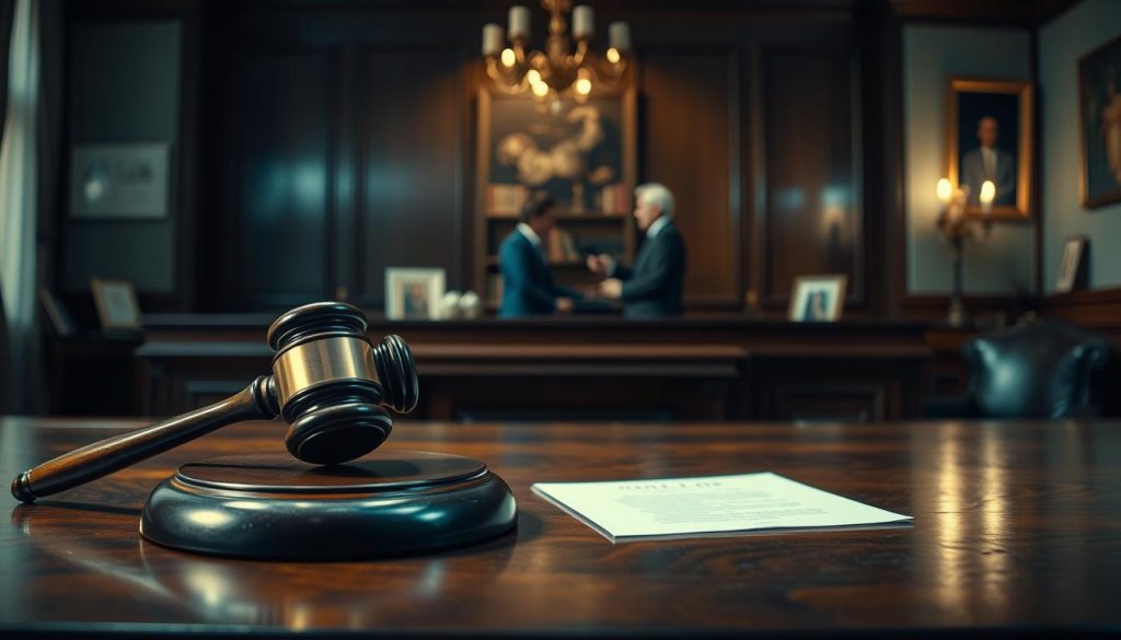 A dimly lit legal office, the backdrop for the solemn removal process of an executor. In the foreground, a judge's gavel rests on a mahogany desk, symbolizing the gravity of the situation. The middle ground features two figures - the petitioner and the uncooperative executor, engaged in a tense discussion, their expressions conveying the weight of the proceedings. Soft, dramatic lighting casts shadows, heightening the sense of legal drama. The overall atmosphere is one of seriousness and importance, befitting the gravity of the task at hand - the lawful removal of an executor who has failed to fulfill their duties.