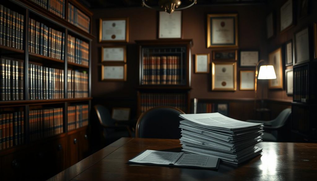 A dimly lit legal office, with books lining the shelves and a heavy oak desk in the foreground. On the desk, a stack of documents sits ominously, representing the legal implications of making a codicil. The lighting is dramatic, casting shadows across the room, conveying a sense of gravity and seriousness. The walls are lined with framed certificates and awards, suggesting the experience and expertise of the legal professionals within. The overall atmosphere is one of contemplation and cautious deliberation, reflecting the importance of the decisions being made. A dimly lit legal office, with books lining the shelves and a heavy oak desk in the foreground. On the desk, a stack of documents sits ominously, representing the legal implications of making a codicil. The lighting is dramatic, casting shadows across the room, conveying a sense of gravity and seriousness. The walls are lined with framed certificates and awards, suggesting the experience and expertise of the legal professionals within. The overall atmosphere is one of contemplation and cautious deliberation, reflecting the importance of the decisions being made.