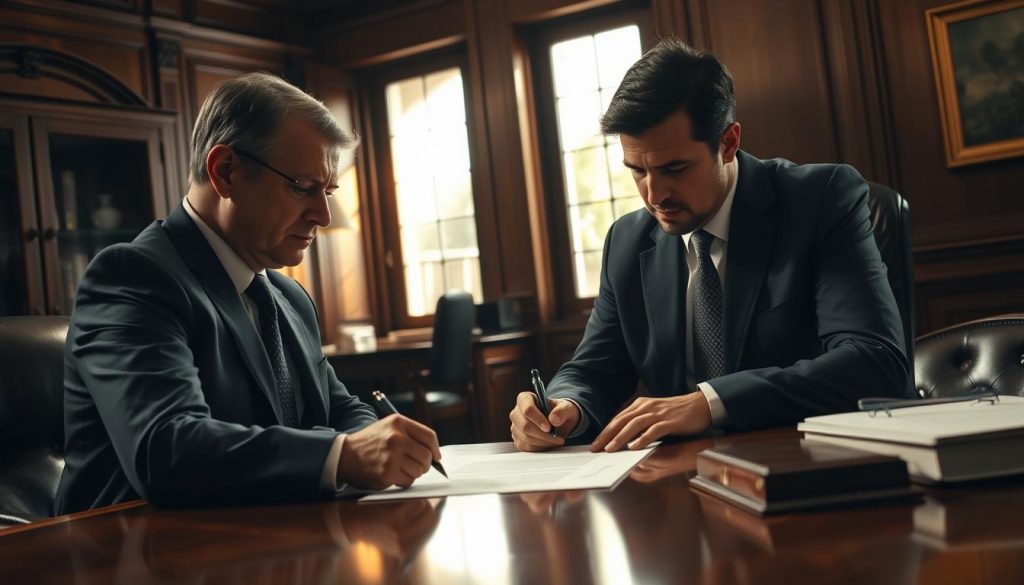 A dimly lit, oak-paneled legal office. On a large mahogany desk, a lawyer in a crisp suit carefully observing as a client signs a codicil, a solemn legal document amending a last will. Light streams in from a tall window, casting a warm glow on the scene. The client's face is focused, the lawyer's expression one of professionalism and care. The atmosphere is one of gravitas and significance, as the legal process for making a minor amendment to a will unfolds. A dimly lit, oak-paneled legal office. On a large mahogany desk, a lawyer in a crisp suit carefully observing as a client signs a codicil, a solemn legal document amending a last will. Light streams in from a tall window, casting a warm glow on the scene. The client's face is focused, the lawyer's expression one of professionalism and care. The atmosphere is one of gravitas and significance, as the legal process for making a minor amendment to a will unfolds.