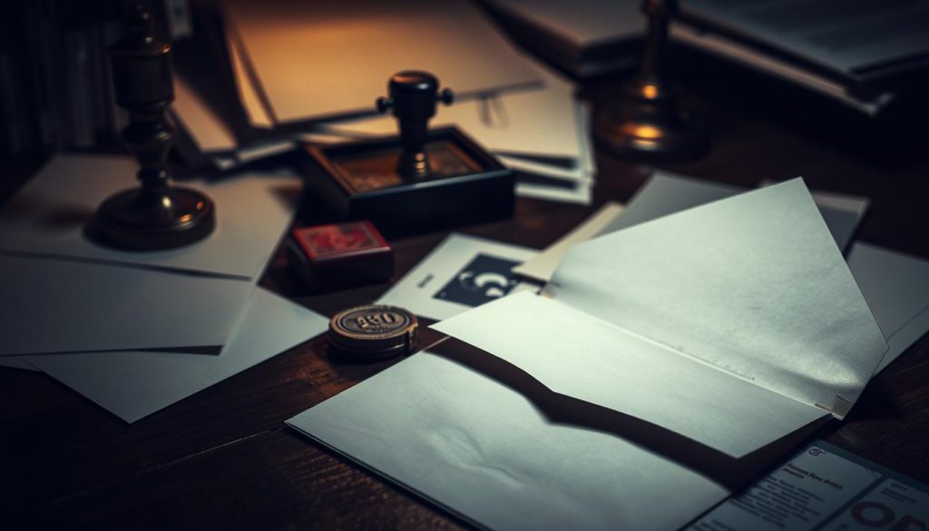 A dimly lit office desk, papers and envelopes scattered across the surface, a vintage stamp and an old-fashioned stamp pad sitting nearby. The focal point is an open envelope, its contents spilled out, hinting at the administrative process of applying for probate by post. A sense of uncertainty and bureaucratic complexity pervades the scene, with muted lighting and a slightly desaturated color palette evoking the somber nature of the task at hand. The composition emphasizes the physical, tangible nature of the paperwork involved, conveying the meticulous, hands-on approach required when navigating the probate system by traditional mail. A dimly lit office desk, papers and envelopes scattered across the surface, a vintage stamp and an old-fashioned stamp pad sitting nearby. The focal point is an open envelope, its contents spilled out, hinting at the administrative process of applying for probate by post. A sense of uncertainty and bureaucratic complexity pervades the scene, with muted lighting and a slightly desaturated color palette evoking the somber nature of the task at hand. The composition emphasizes the physical, tangible nature of the paperwork involved, conveying the meticulous, hands-on approach required when navigating the probate system by traditional mail.