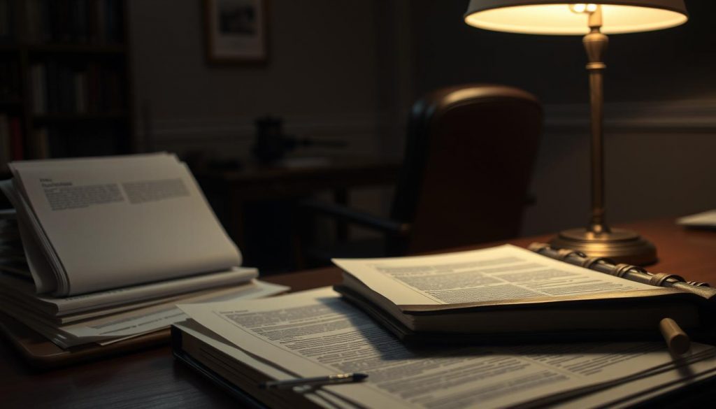A dimly lit office interior, the probate process unfolding with a sense of solemnity. In the foreground, a stack of legal documents and a worn leather-bound ledger, the surface illuminated by the warm glow of a desk lamp. In the middle ground, a wooden desk and an ergonomic chair, the arrangement suggesting the presence of a seasoned probate lawyer. The background fades into a soft, muted palette, evoking a sense of gravity and contemplation. The lighting is subtle, casting gentle shadows that lend depth and dimension to the scene. The overall mood is one of quiet professionalism, with a focus on the legal and administrative aspects of the probate process. A dimly lit office interior, the probate process unfolding with a sense of solemnity. In the foreground, a stack of legal documents and a worn leather-bound ledger, the surface illuminated by the warm glow of a desk lamp. In the middle ground, a wooden desk and an ergonomic chair, the arrangement suggesting the presence of a seasoned probate lawyer. The background fades into a soft, muted palette, evoking a sense of gravity and contemplation. The lighting is subtle, casting gentle shadows that lend depth and dimension to the scene. The overall mood is one of quiet professionalism, with a focus on the legal and administrative aspects of the probate process.