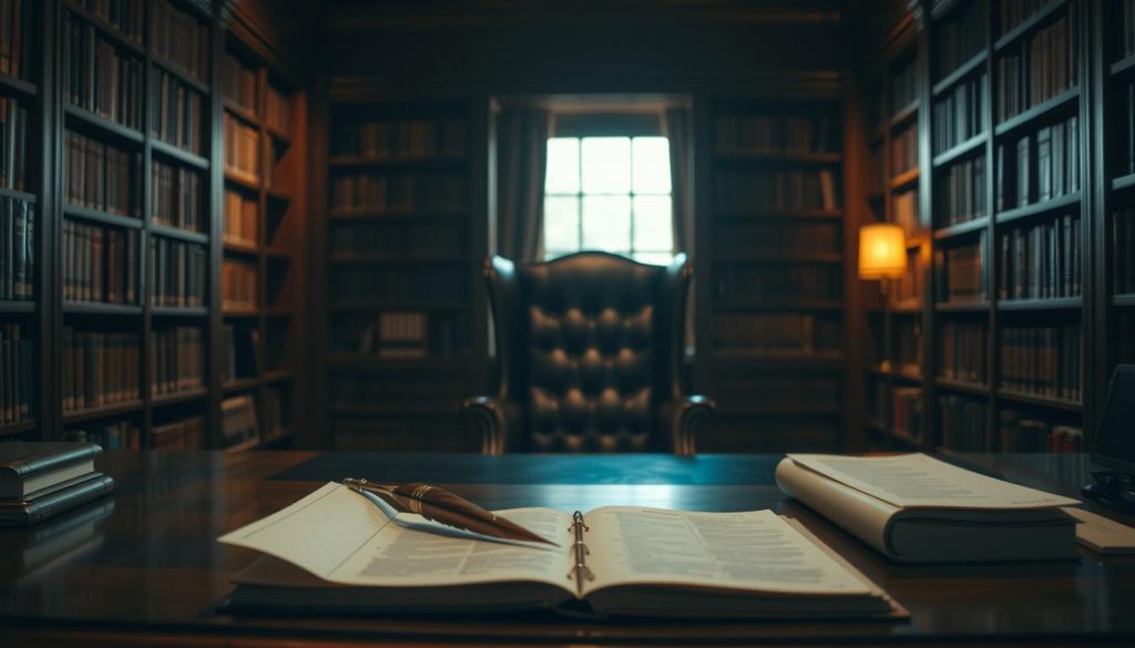 A dimly lit office interior, with a sturdy wooden desk in the foreground. On the desk, an open ledger, a quill pen, and a stack of official-looking documents. In the middle ground, a high-backed leather chair, suggesting the presence of an executor overseeing their duties. The background features bookshelves lining the walls, casting warm, mellow light across the scene. An atmosphere of quiet contemplation and solemn responsibility pervades the image.