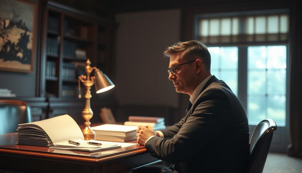 A dimly lit office interior, with a wooden desk and bookshelves lining the walls. On the desk, a stack of financial documents and a pen resting next to an elegant brass lamp. In the foreground, a pensive business professional sits, deep in thought, contemplating inheritance tax planning strategies. Muted light filters in through a large window, casting a warm, introspective glow. The atmosphere is one of quiet deliberation, as the subject considers ways to minimize the tax burden on their estate. The scene evokes a sense of diligence and foresight in financial planning. A dimly lit office interior, with a wooden desk and bookshelves lining the walls. On the desk, a stack of financial documents and a pen resting next to an elegant brass lamp. In the foreground, a pensive business professional sits, deep in thought, contemplating inheritance tax planning strategies. Muted light filters in through a large window, casting a warm, introspective glow. The atmosphere is one of quiet deliberation, as the subject considers ways to minimize the tax burden on their estate. The scene evokes a sense of diligence and foresight in financial planning.