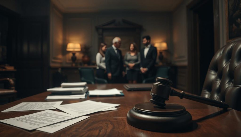 A dimly lit office interior, with a wooden desk and leather chair in the foreground. On the desk, scattered documents and a gavel symbolize the probate process. In the middle ground, a family gathered, their expressions somber as they discuss the inheritance details. The background fades into a shadowy, institutional setting, conveying the gravity and complexity of the situation. Soft, warm lighting casts a melancholic tone, while the camera angle creates a sense of weight and formality. The overall scene evokes the emotional and financial impact of probate fees on inheritance. A dimly lit office interior, with a wooden desk and leather chair in the foreground. On the desk, scattered documents and a gavel symbolize the probate process. In the middle ground, a family gathered, their expressions somber as they discuss the inheritance details. The background fades into a shadowy, institutional setting, conveying the gravity and complexity of the situation. Soft, warm lighting casts a melancholic tone, while the camera angle creates a sense of weight and formality. The overall scene evokes the emotional and financial impact of probate fees on inheritance.
